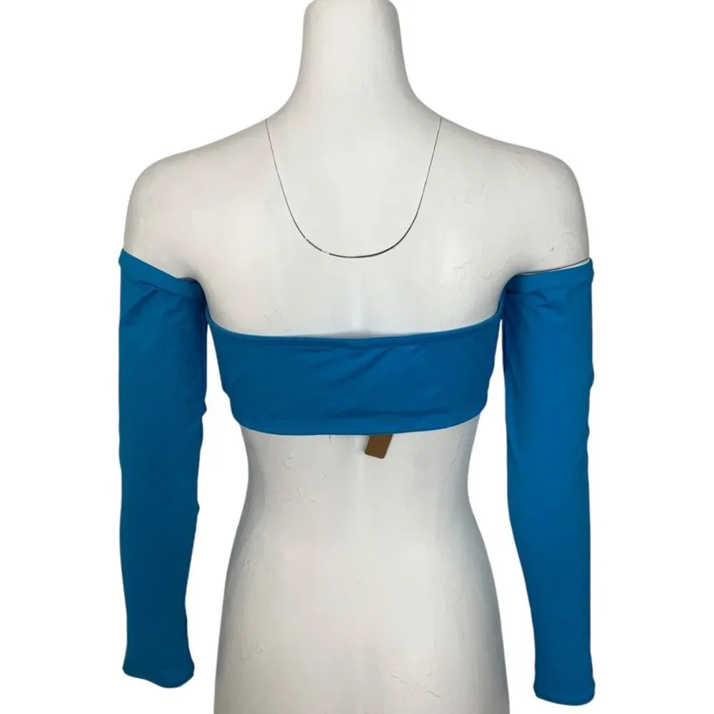 SKIMS Blue Off-Shoulder Long Sleeve Bikini Top